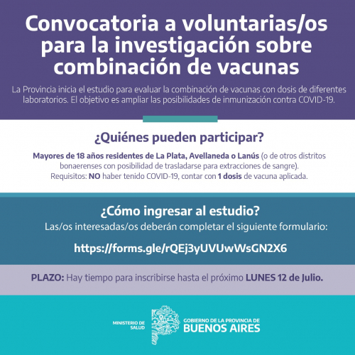 BUENOS AIRES CONVOCÓ A VOLUNTARIOS PARA ESTUDIAR LA COMBINACIÓN DE VACUNAS